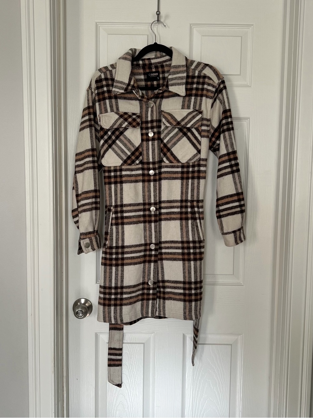 Ci Sono Cream Plaid Long Shacket Jacket with Brown & Black Checks